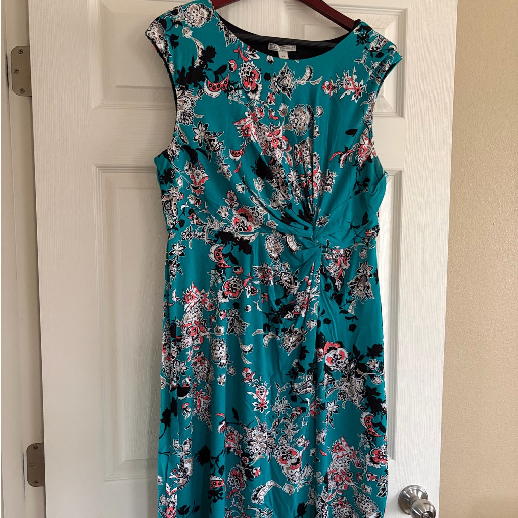 Dana Buchman Teal And Black Floral Midi Dress